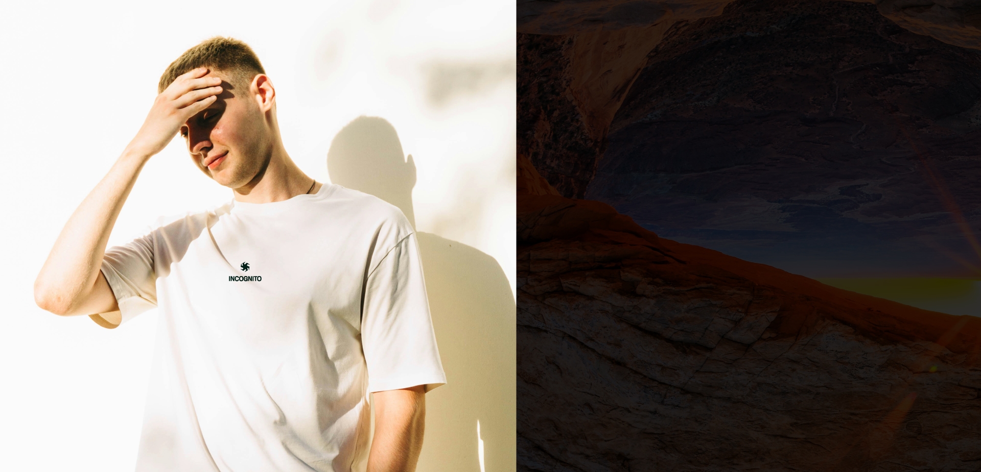 Hombre con camiseta oversize marfil, cubriéndose del sol con la mano