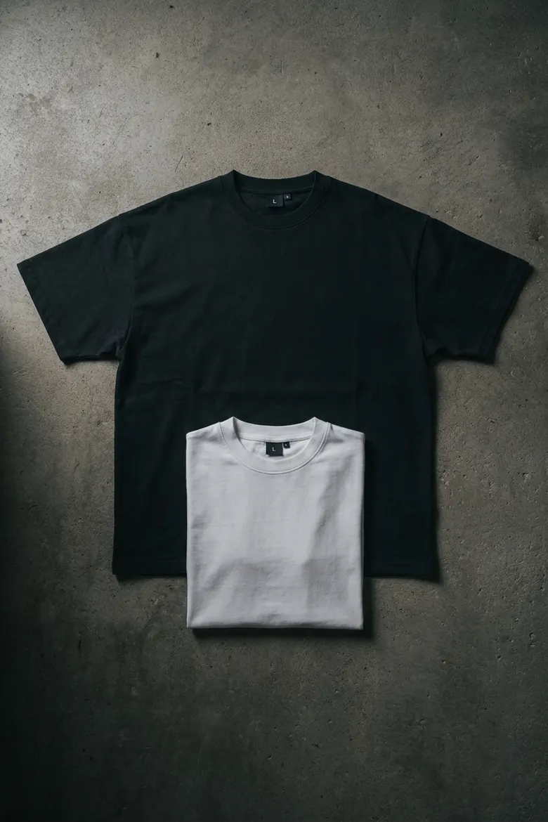 Camiseta oversize negra y camiseta regular fit blanca sobre concreto