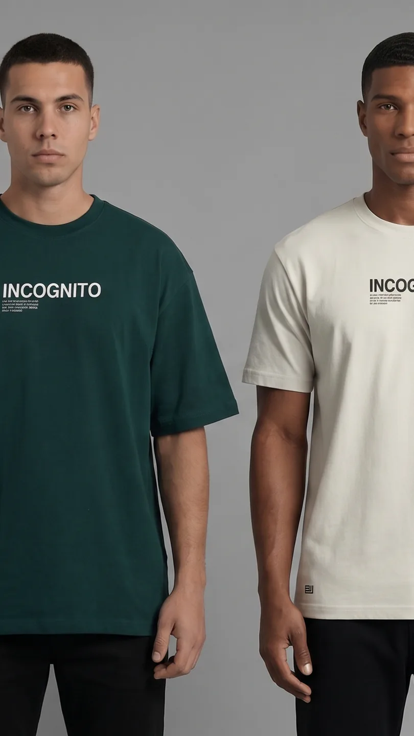 Camiseta INCOGNITO verde de calce oversize junto a la misma en marfil de calce regular