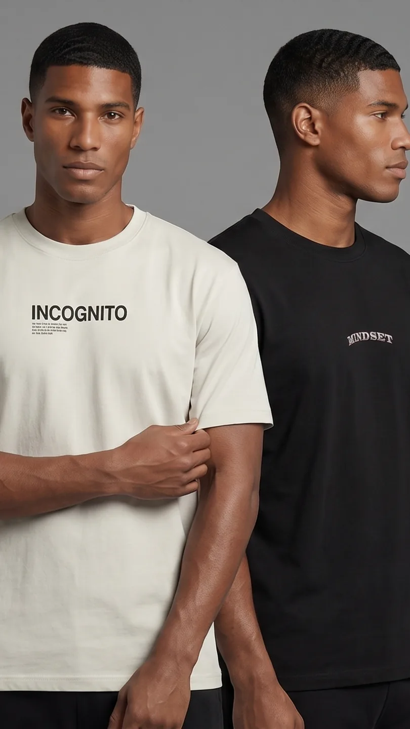 Dos modelos con las camisetas INCOGNITO marfil y MINDSET negra de la nueva colección