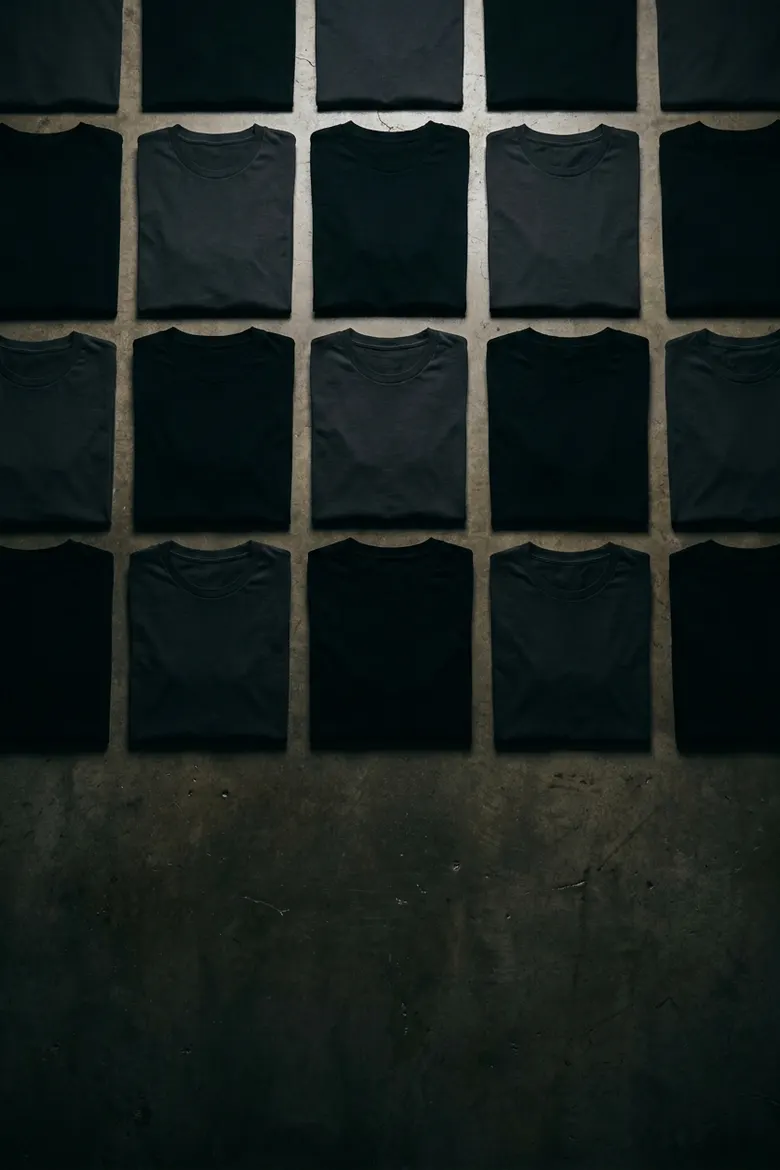 Camisetas oscuras dobladas en grilla sobre piso de concreto